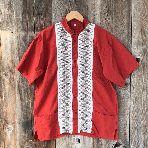 Other - SOLD! Embroidered Brick Red Guayabera Leisure Shirt, Large